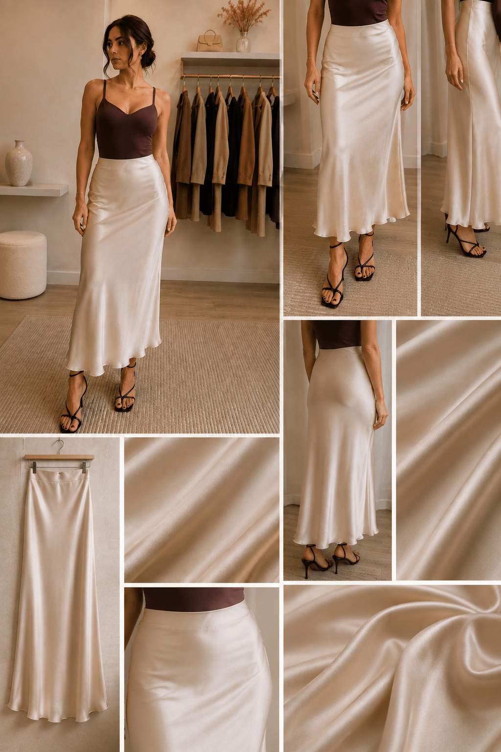 Jupe midi satinée champagne femme - Jupe Alésia - Prêt-à-porter féminin | HBL Studio