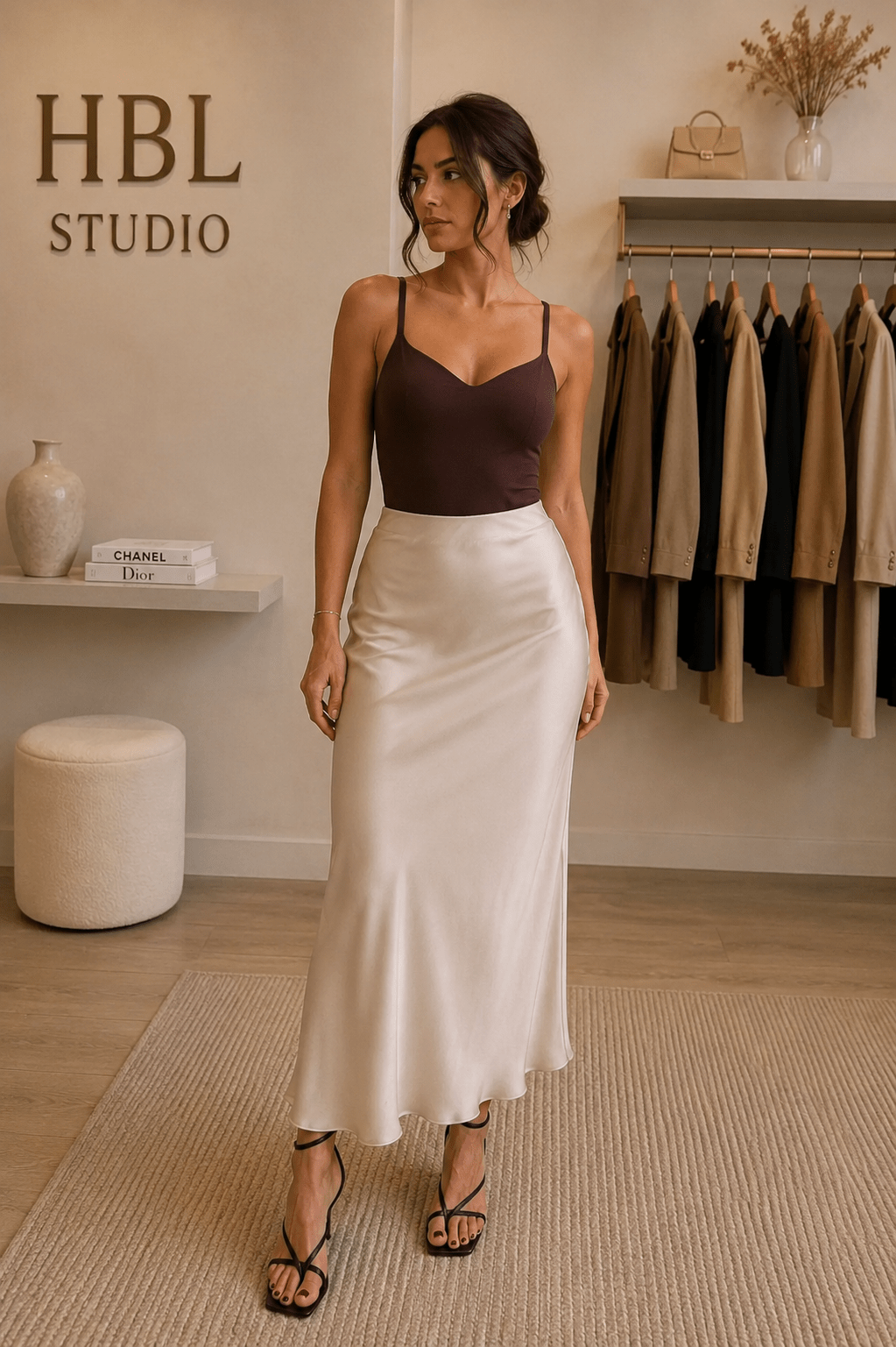 Jupe midi satinée champagne femme - Jupe Alésia - Prêt-à-porter féminin | HBL Studio