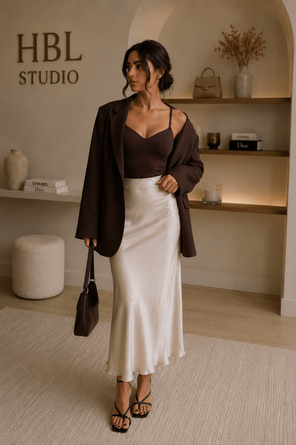 Jupe midi satinée champagne femme - Jupe Alésia - Prêt-à-porter féminin | HBL Studio