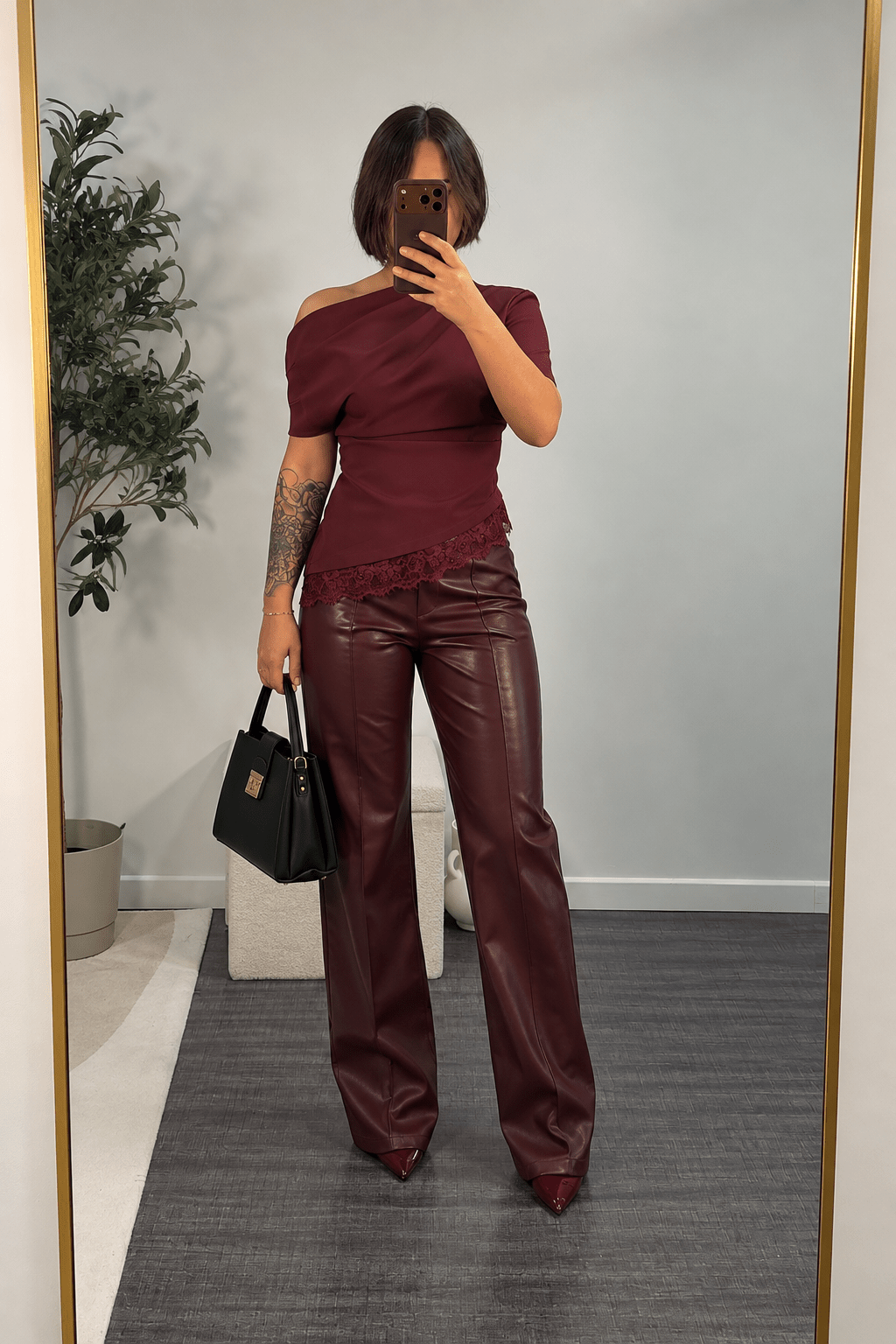 Pantalon similicuir bordeaux wide leg femme – Passy - Prêt-à-porter féminin | HBL Studio