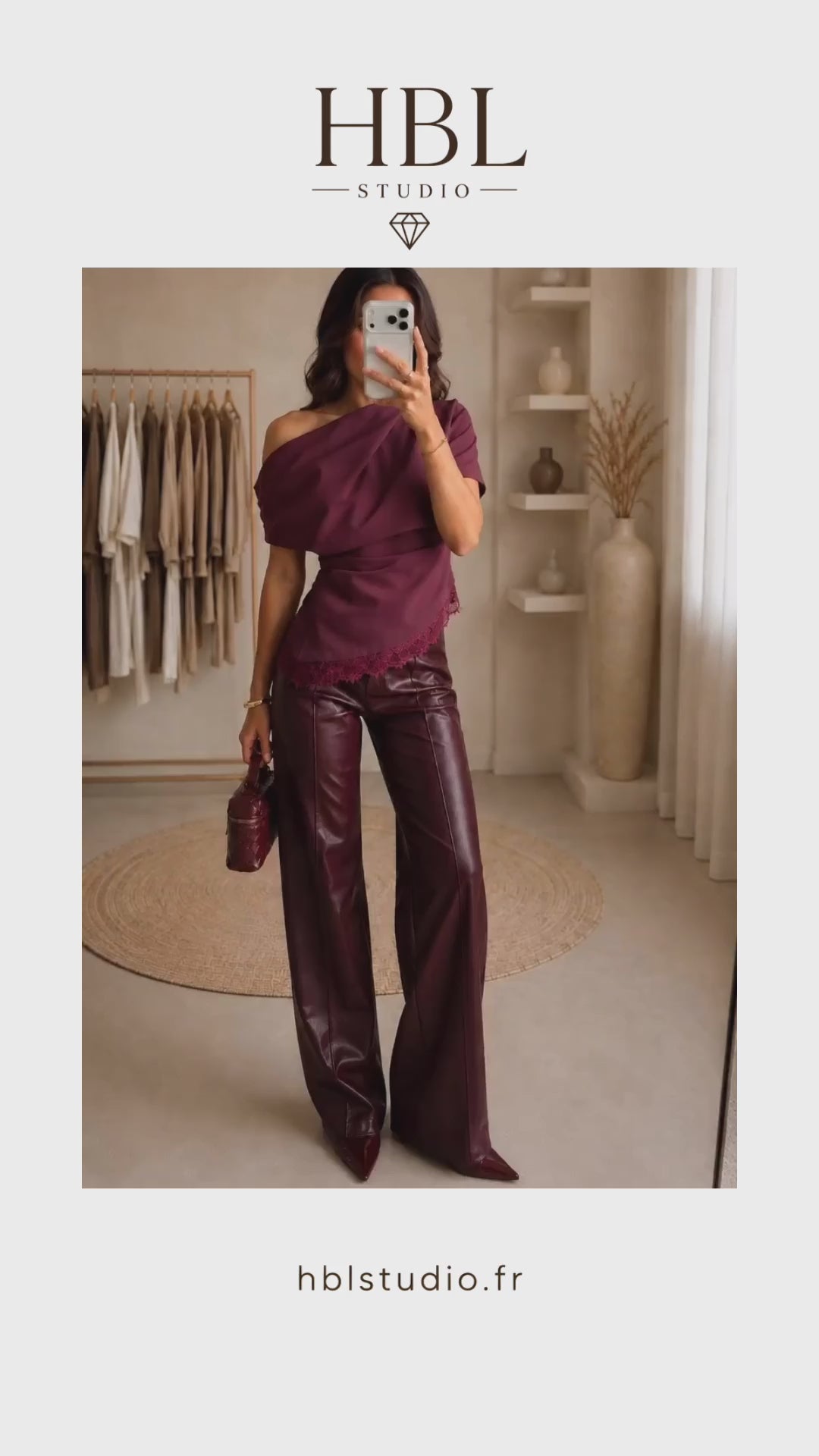 Pantalon similicuir bordeaux wide leg femme – Passy